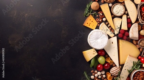  Various types of cheese, grapes, nuts on dark background, top view. Copy space. AI generated