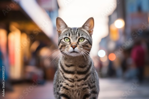 Environmental portrait photography of a curious egyptian mau cat begging for food against a lively street. With generative AI technology