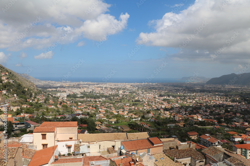 View from Cathedral of Santa Maria Nuova in Monreale to Palermo, Sicily Italy 