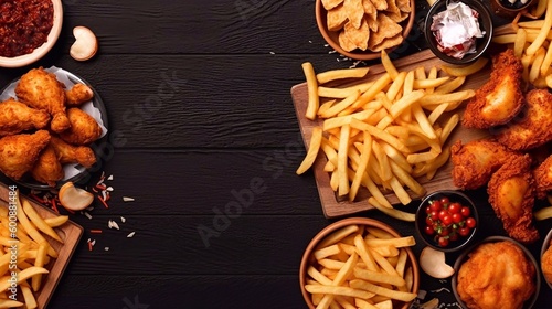 Chicken kfc and fried potatoes on dark wooden background. Top view. Copy space plase. 