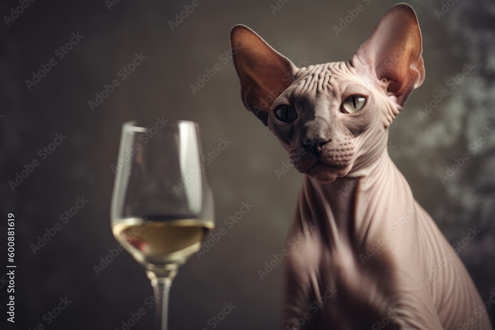 Environmental portrait photography of a smiling sphynx cat drinking against a sophisticated studio backdrop. With generative AI technology
