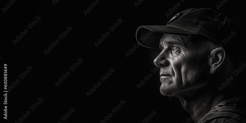 Black and white photorealistic studio portrait of a military veteran on black background Black and white photorealistic studio portrait of a military veteran on black background