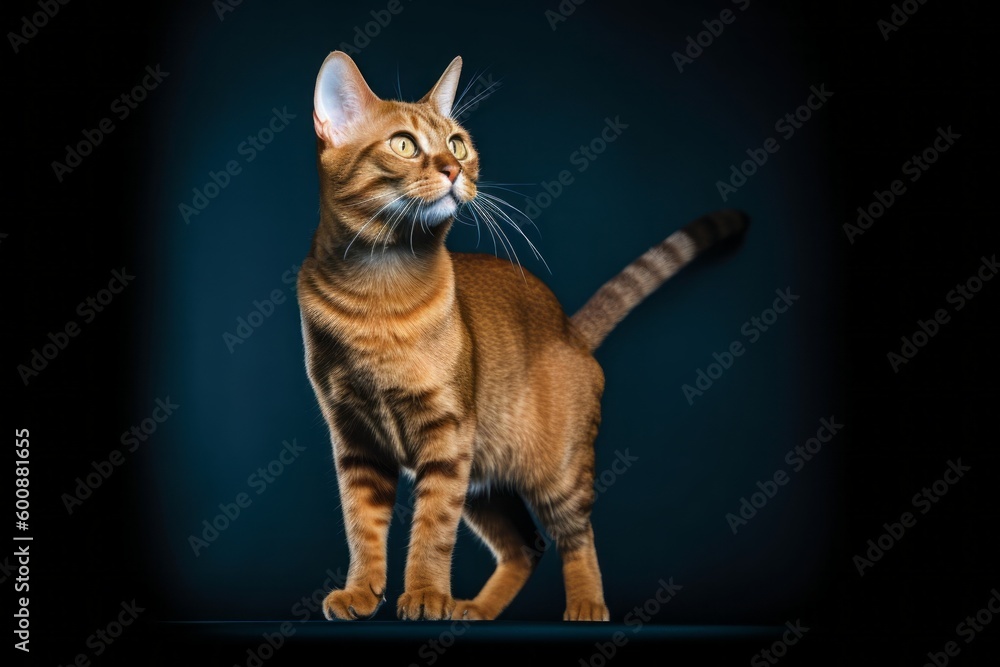 Full-length portrait photography of a happy havana brown cat back-arching against a sophisticated studio backdrop. With generative AI technology