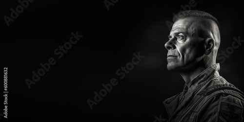 Black and white photorealistic studio portrait of a military veteran on black background. Generative AI illustration © JoelMasson