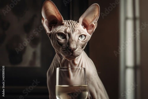 Environmental portrait photography of a smiling sphynx cat drinking against a sophisticated studio backdrop. With generative AI technology © Markus Schröder
