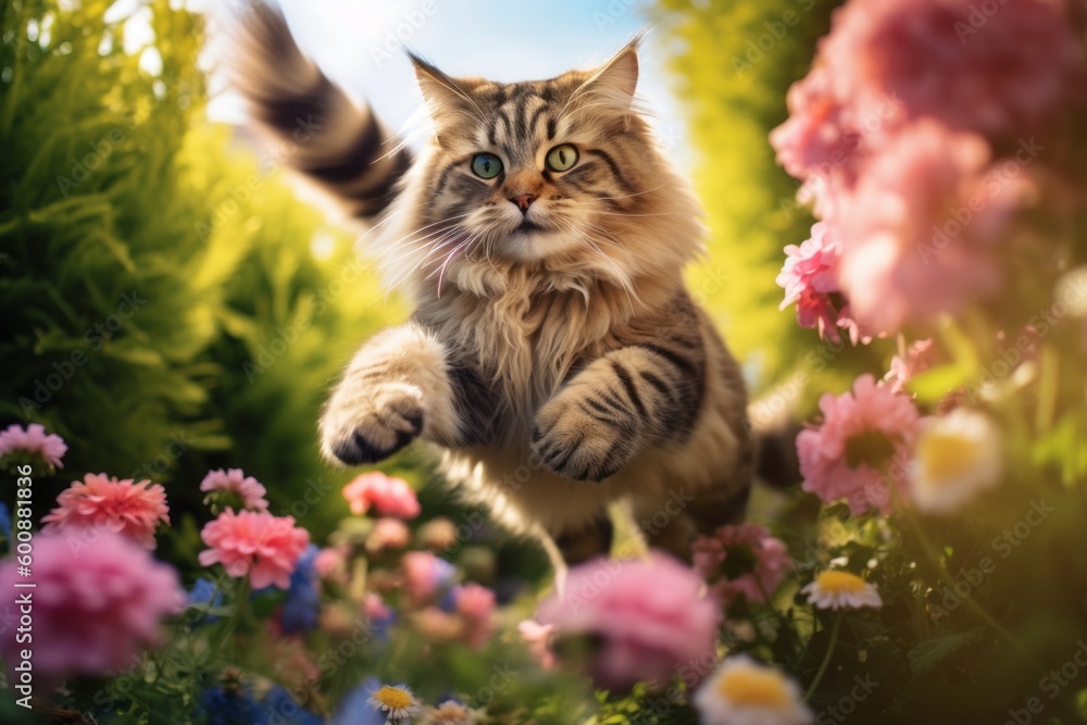 Obraz premium Conceptual portrait photography of a happy siberian cat jumping against a lush flowerbed. With generative AI technology