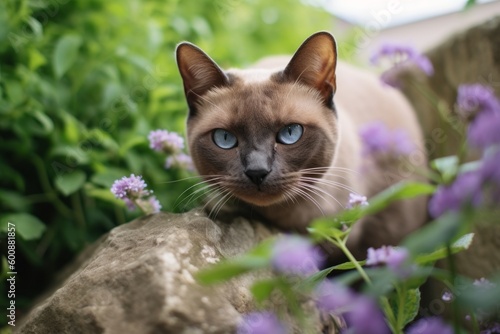 Close-up portrait photography of a smiling burmese cat wall climbing against a lush flowerbed. With generative AI technology