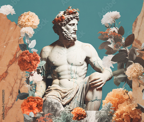 Collage with Ancient Greek male sculpture and flowers. photo