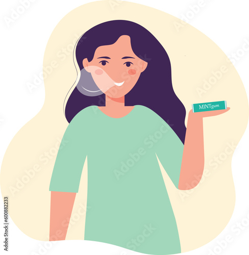 A woman, a girl, holds mint chewing gum in her hands. The girl inflates a bubble