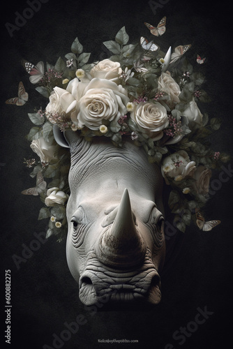 Rhinoceros or rhino portrait with colorful flowers and leaves. Creative animal portrait. Generative Ai