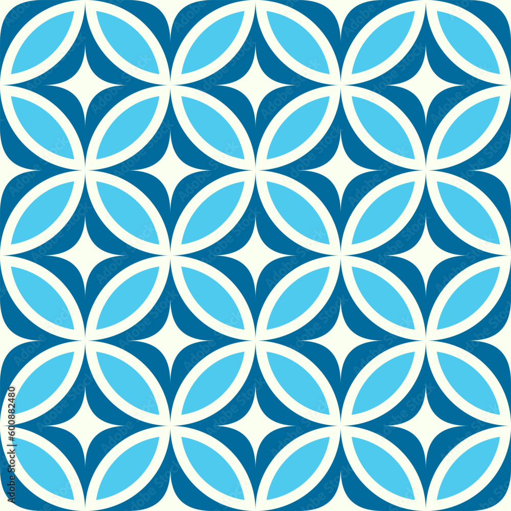 Mid century modern starbursts on blue and turquoise circle leaves seamless pattern. For home décor, retro backgrounds and wallpaper	