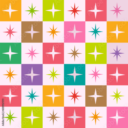 mid century modern atomic starbursts seamless pattern  on colorful checkered squares . for fabric, textile, home decor 