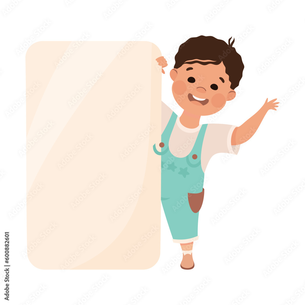 Cheerful little boy standing with white blank banner, board, placard cartoon vector illustration