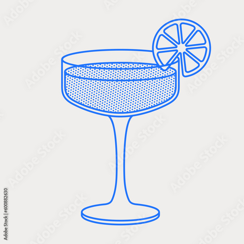 Daiquiri cocktail with lime slice. Line art, retro. Vector illustration for bars, cafes, and restaurants.