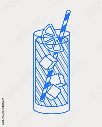 Long island cocktail with a lemon slice, ice cubes, and straw. Line art, retro. Vector illustration for bars, cafes, and restaurants.