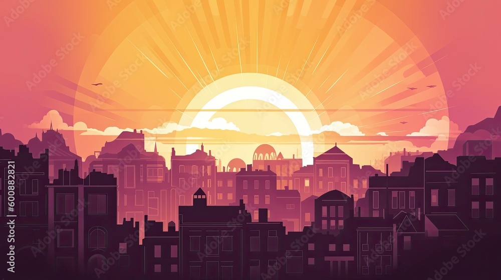 A cartoon illustration of a sun rising of a city - AI Generated