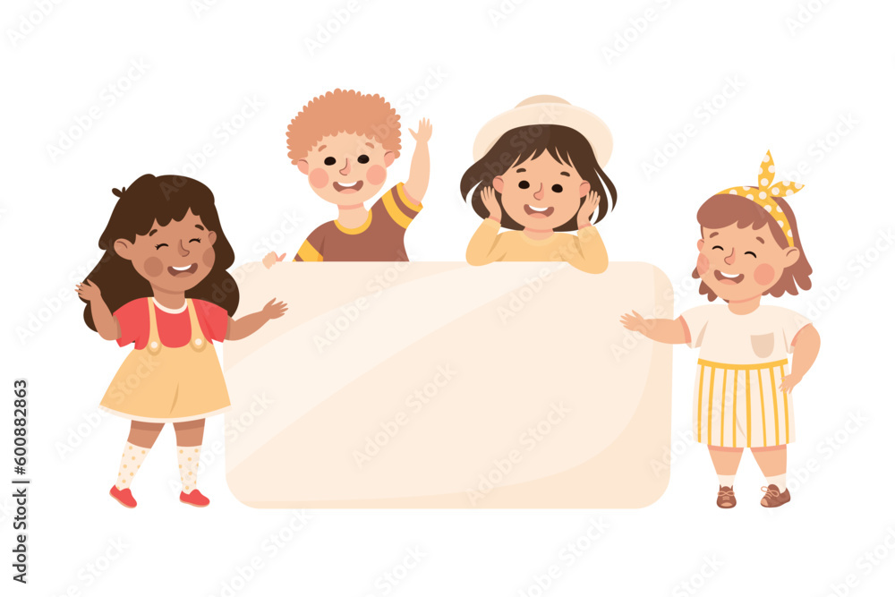 Happy kids with white empty banner. Joyful little boys and girls holding blank board, placard or paper sheet vector illustration Happy kids with white empty banner. Joyful little boys and girls holding blank board, placard or paper sheet vector illustration