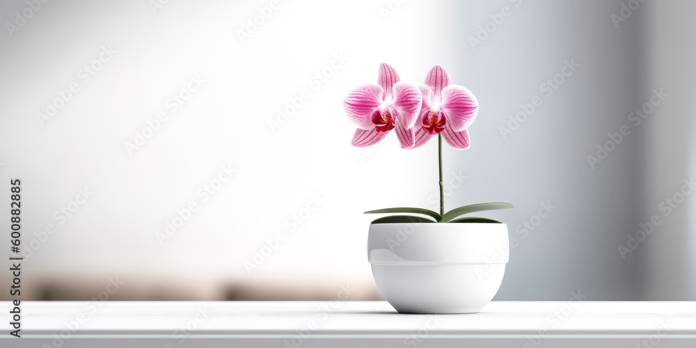 A pink orchid in a white flowerpot was displayed in perfect fullness - generative ai.