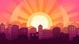 A cartoon illustration of a sun rising of a city - AI Generated