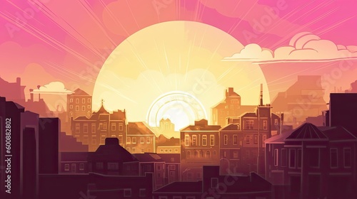 A cartoon illustration of a sun rising of a city - AI Generated