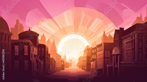 A cartoon illustration of a sun rising of a city - AI Generated