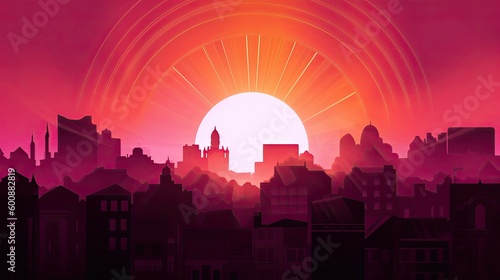 A cartoon illustration of a sun rising of a city - AI Generated