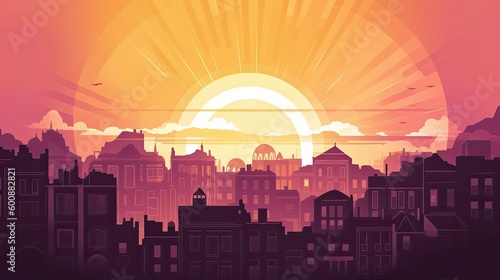 A cartoon illustration of a sun rising of a city - AI Generated