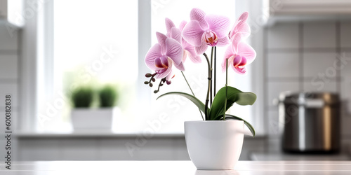 A pink orchid was placed in a white flowerpot, perfectly full - generative ai. © Exuberation 