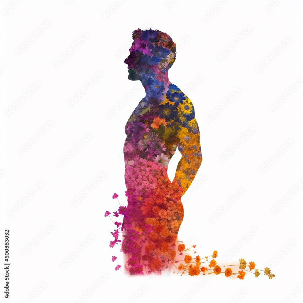 rainbow-colored man silhouette  made from flowers on white background. LGBT concept. Generated by AI