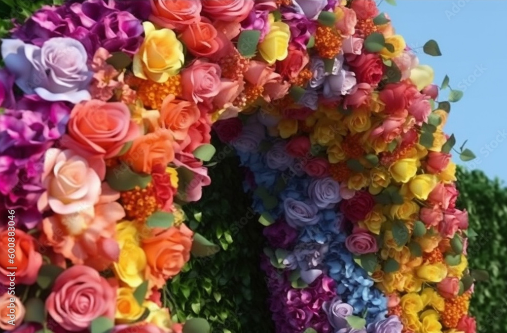 rainbow-colored wedding arch  decorated with flowers. LGBT concept. Generated by AI