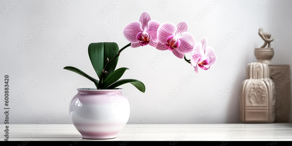 A pink orchid in a white flowerpot was created clear and perfect - generative ai. A pink orchid in a white flowerpot was created clear and perfect - generative ai.