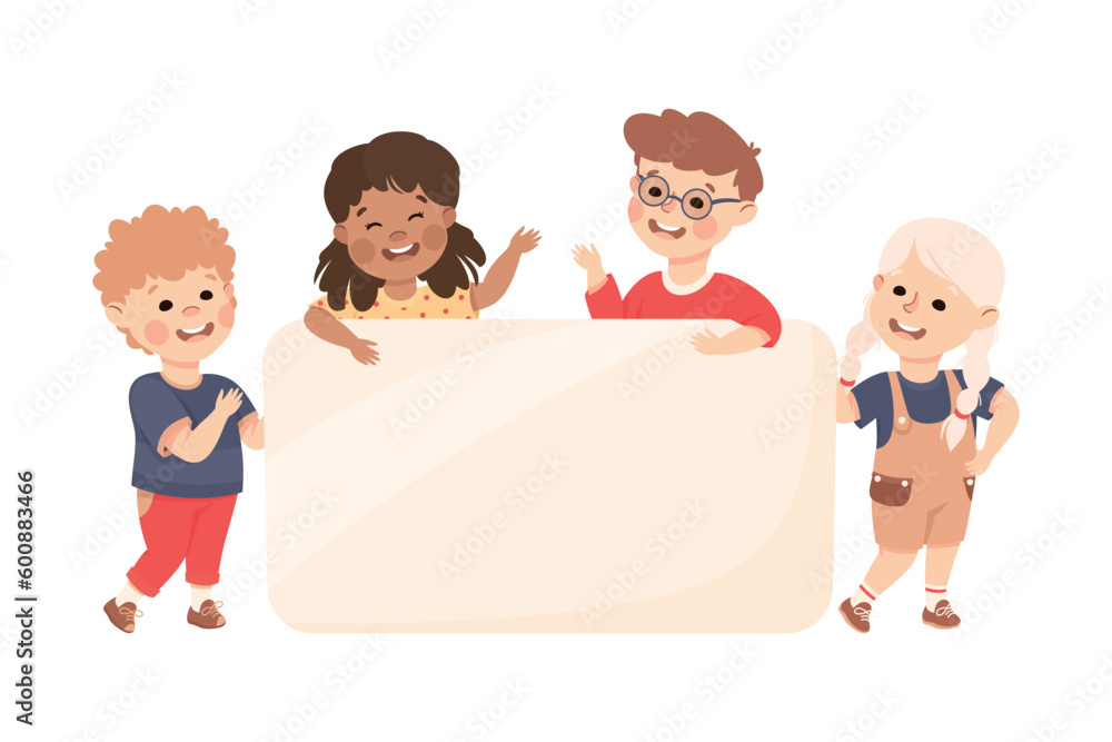 Group of happy kids holding blank banner together. Joyful little boys and girls standing with empty white board, placard or paper sheet cartoon vector illustration Group of happy kids holding blank banner together. Joyful little boys and girls standing with empty white board, placard or paper sheet cartoon vector illustration