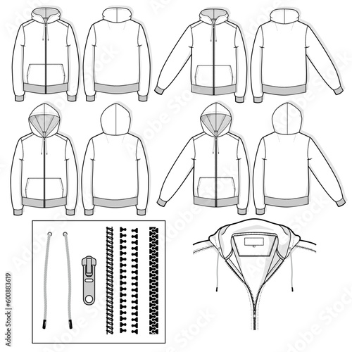 Zip Up Hoodie Sweatshirt Technical Drawing Flat Template Mockup Vector CAD for Tech Packs Apparel Illustration Men's Fashion Design Zipper Brush Serge Brush Tipped Drawcord Hood Up Hood Down