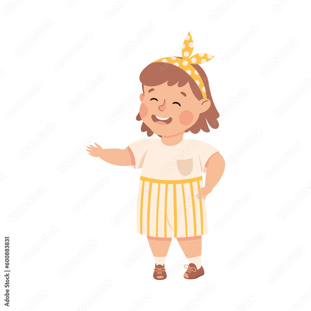 Happy smiling little girl pointing with her hand or doing welcoming gesture vector illustration Happy smiling little girl pointing with her hand or doing welcoming gesture vector illustration