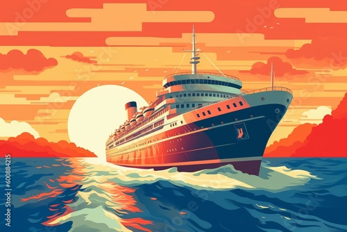 Cruise Ship out on the ocean, vector, retro aesthetic, illustration