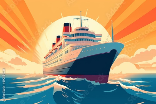 Cruise Ship out on the ocean, vector, retro aesthetic, illustration © Enea