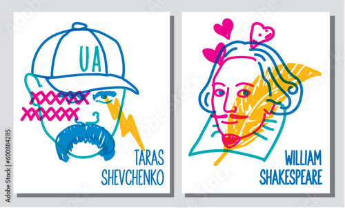 Line illustration of famous people, william Shakespeare, Taras Shevchenko photo