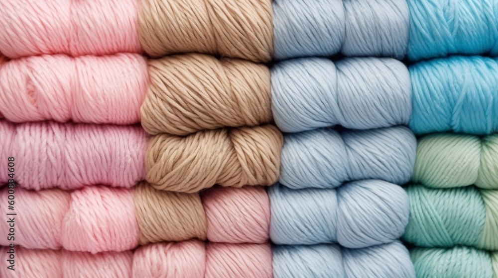 Banner background with blue, pink, beige colors yarn for knitting. Top view. Ai generated Banner background with blue, pink, beige colors yarn for knitting. Top view. Ai generated
