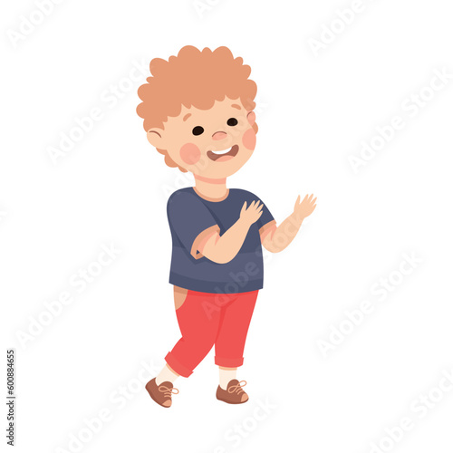 Happy cute little boy in casual outfit gesturing with his hands vector illustration