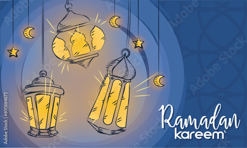 Colored Ramadan Kareem template with sketches of arab lamps Vector