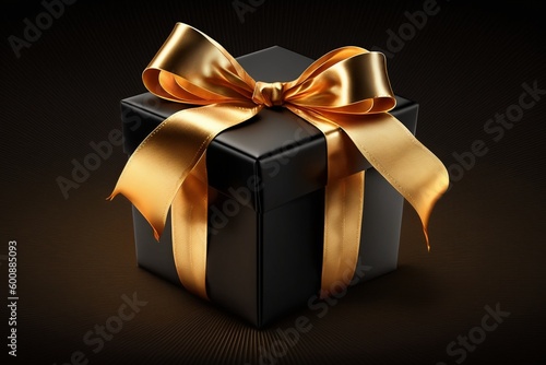 luxury Gift box with golden satin ribbon and bow on black background, Generative AI