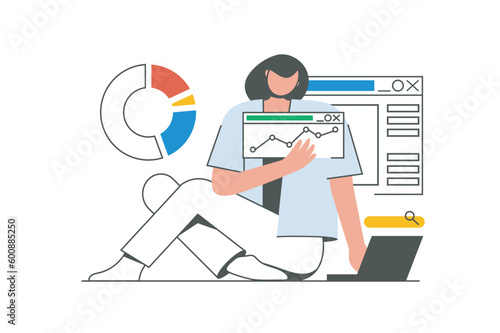 Seo analysis outline web concept with character scene. Woman analyzes search results, increases traffic. People situation in flat line design. Vector illustration for social media marketing material.