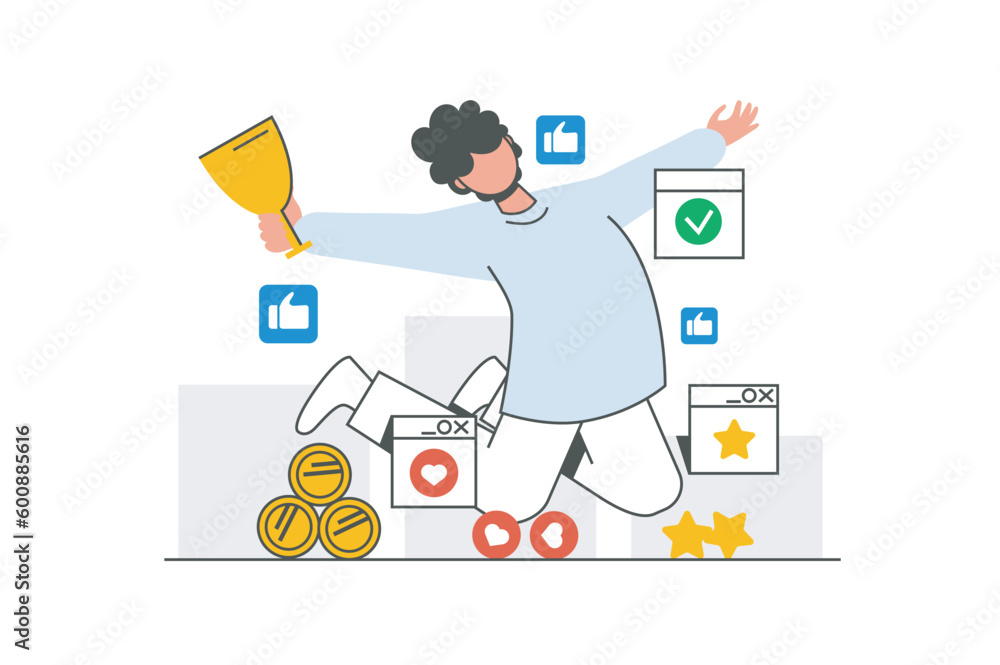 Business award outline web concept with character scene. Man getting success and winning golden cup. People situation in flat line design. Vector illustration for social media marketing material.