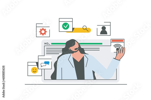 Customer service outline web concept with character scene. Woman consulting clients and helping online. People situation in flat line design. Vector illustration for social media marketing material.