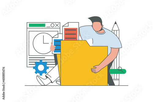 Content manager outline web concept with character scene. Man creating content, making new posts in blog. People situation in flat line design. Vector illustration for social media marketing material.