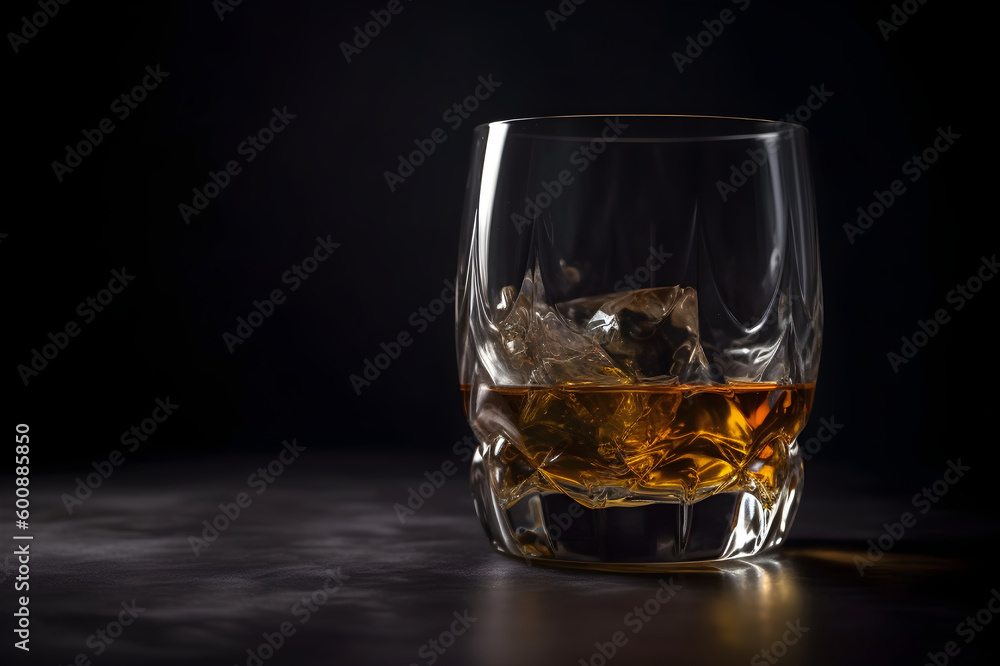 Generative AI illustration. Glass of scotch whiskey and ice