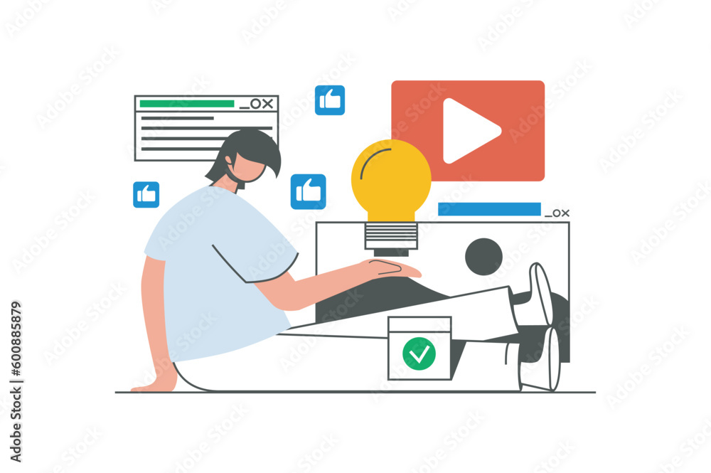 Marketing outline web concept with character scene. Man creating viral content and making advertising. People situation in flat line design. Vector illustration for social media marketing material. Marketing outline web concept with character scene. Man creating viral content and making advertising. People situation in flat line design. Vector illustration for social media marketing material.