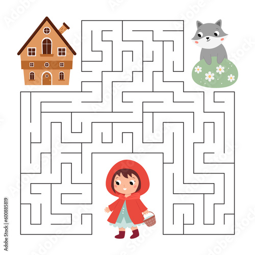 Maze game for kids. Labyrinth. Help the Little Red Riding Hood find right way to grandmothers house. Cute cartoon gray wolf. Classical fairy tale for children. Vector illustration.