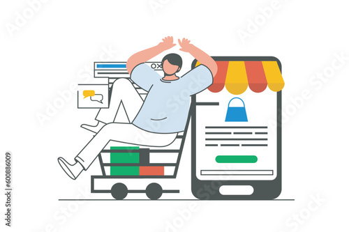 Mobile commerce outline web concept with character scene. Man making online purchases, ordering in app. People situation in flat line design. Vector illustration for social media marketing material.