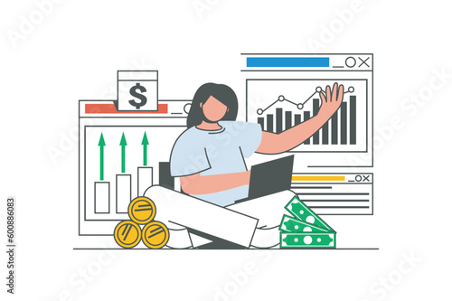 Financial budget outline web concept with character scene. Woman calculates and plans personal finance. People situation in flat line design. Vector illustration for social media marketing material.